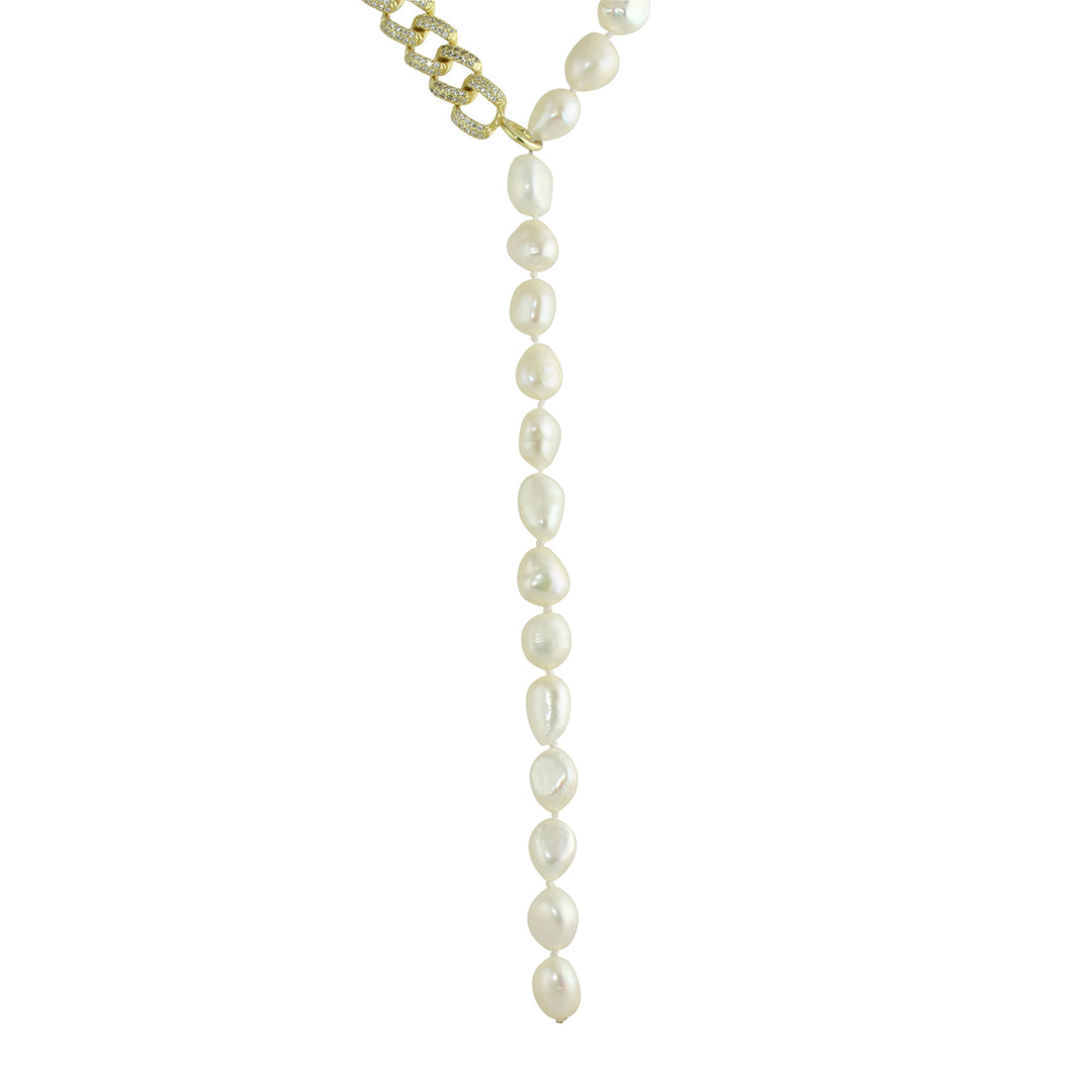 HALF PAVÈ LINK PEARL LARIAT NECKLACE