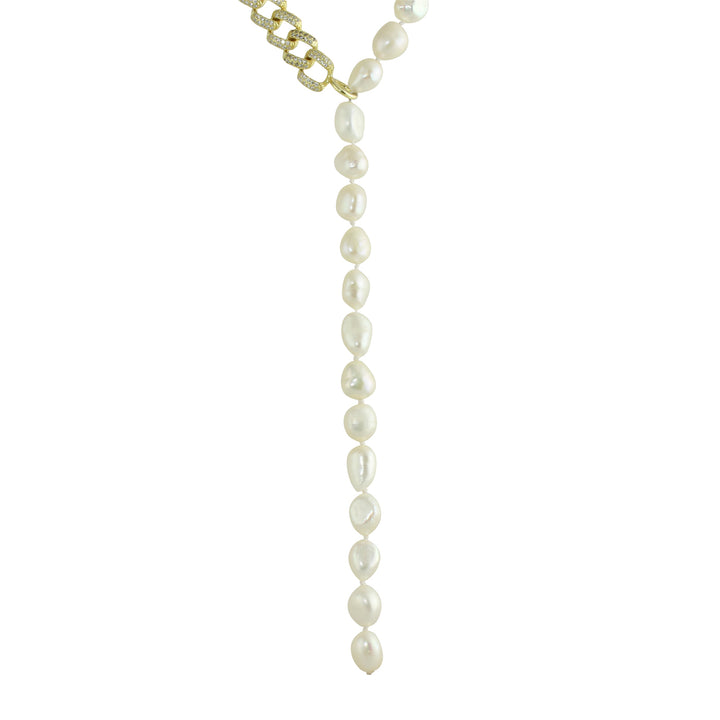 HALF PAVÈ LINK PEARL LARIAT NECKLACE