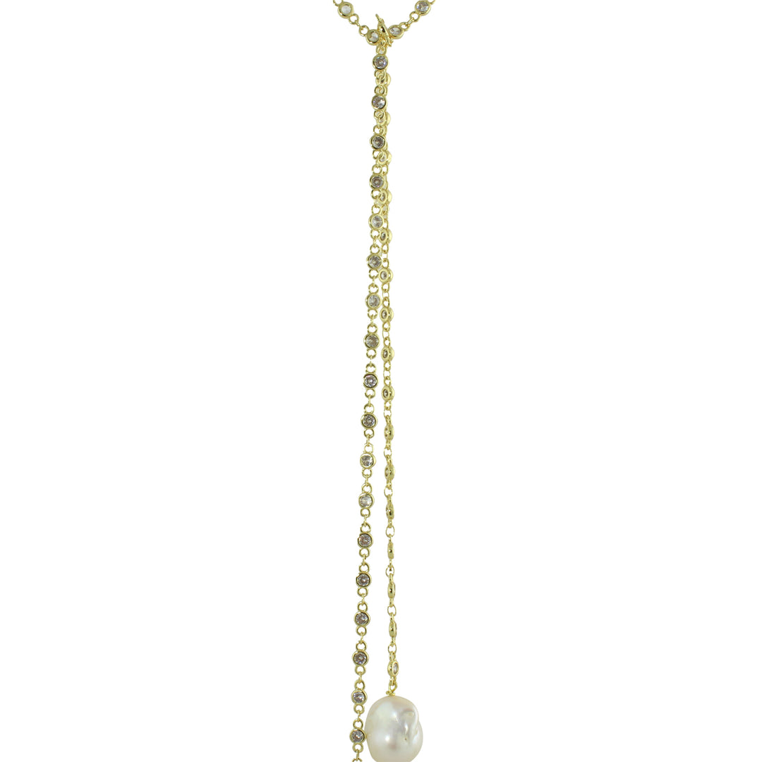 LONG CZ BEZEL LARIAT WITH PEARL ENDS