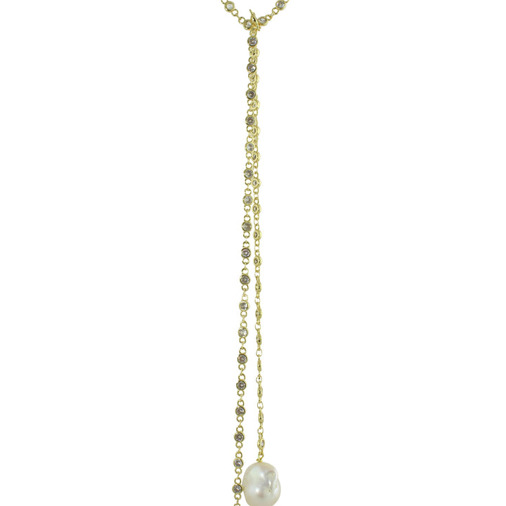 LONG CZ BEZEL LARIAT WITH PEARL ENDS