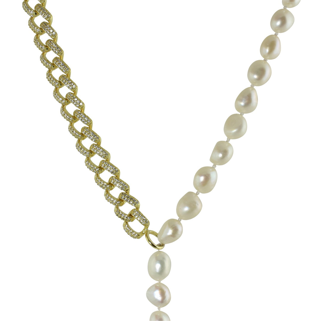HALF PAVÈ LINK PEARL LARIAT NECKLACE