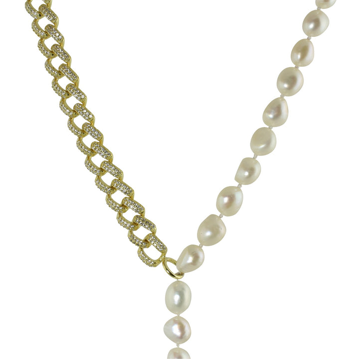 HALF PAVÈ LINK PEARL LARIAT NECKLACE