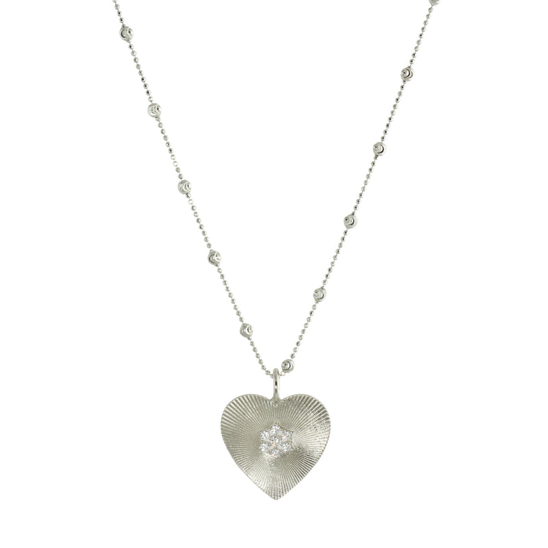 SILVER FLUTED HEART SPACED BALL NECKLACE