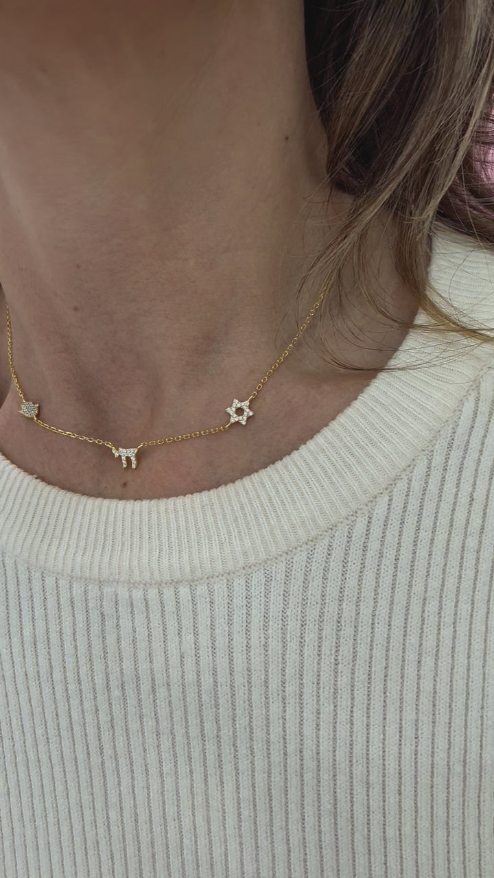 PAVÈ STAR OF DAVID  CHAI HAMSA NECKLACE