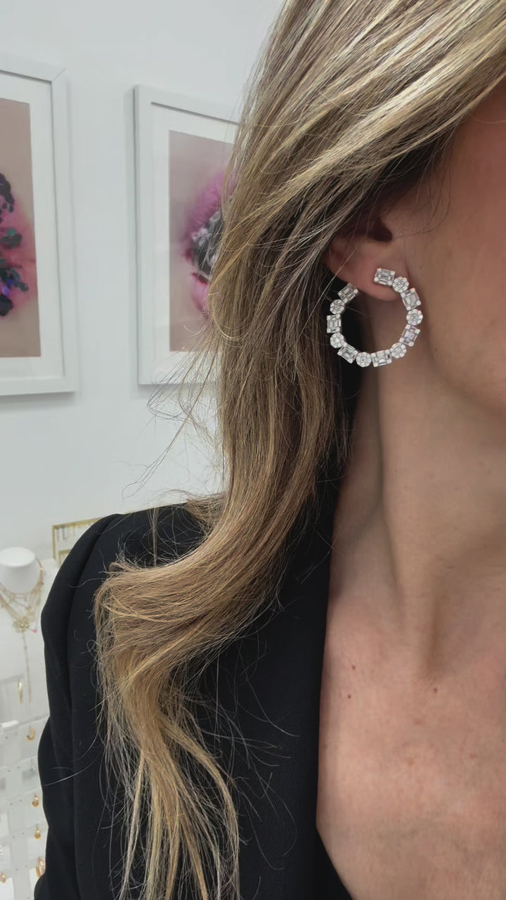 EMERAD CUT &amp; ROUND OPEN HOOP EARRINGS