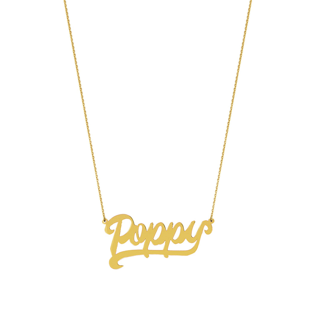gold script name plate necklace