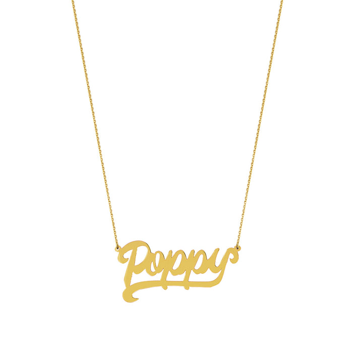 gold script name plate necklace