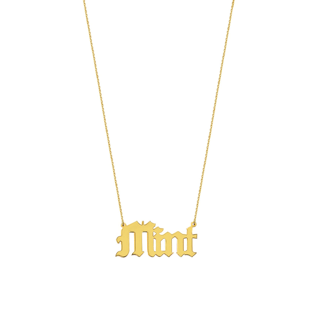 gothic name necklace, gothic name plate necklace,