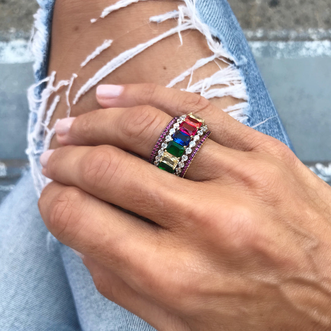EMERALD CUT MULTI-COLORED BAND - adammarcjewels
