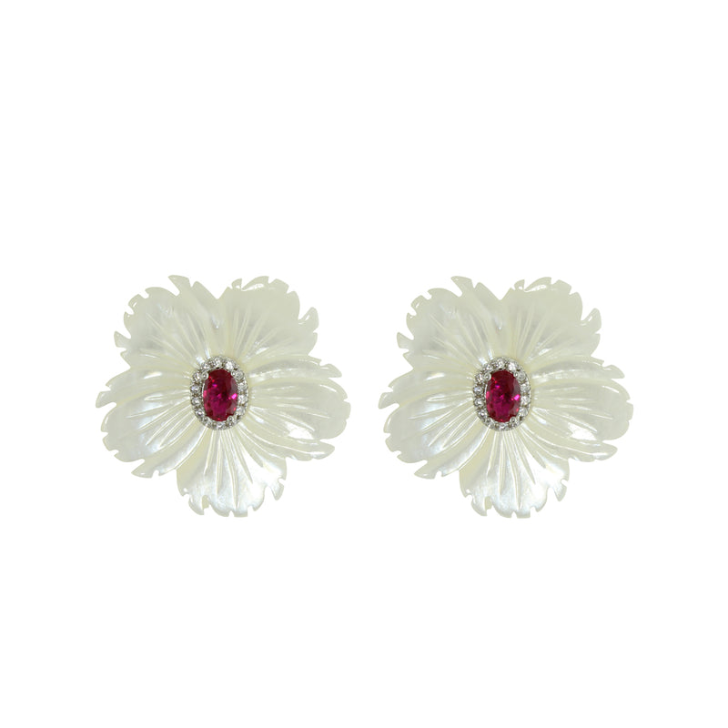Mother of pearl red flower earrings