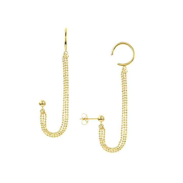 14K STUD TRIPLE CHAIN &amp; CUFF EARRINGS